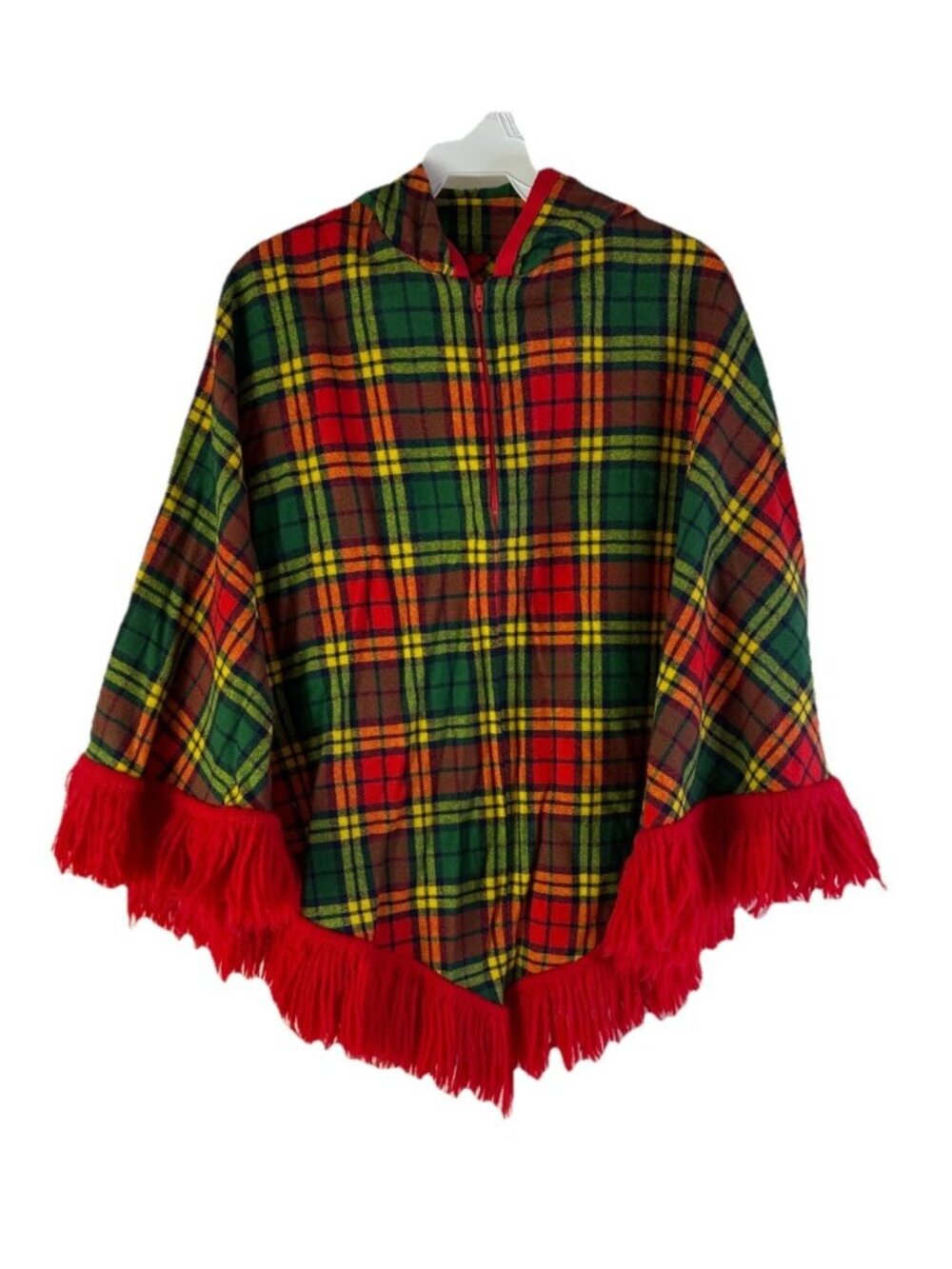 Vintage 60s Hippy Rockabilly Handmade Rainbow Plaid Fringe Poncho Cape Jacket